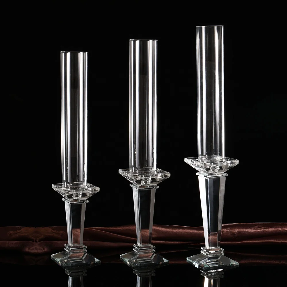 Mh-y095 Tall Cylinder Glass Candle Holder Crystal Pillar Candlestick With Tube
