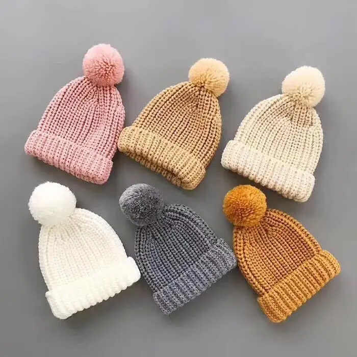 Wholesale Cotton Skull Cap Pom Pom Warm Knit Kids Winter Knitted Beanie Baby Winter Hats
