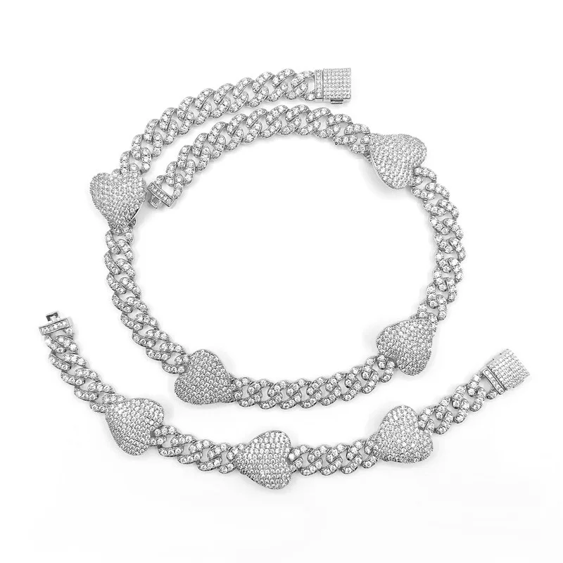 MJ Jewelry  Hot 2021 New Arrival 10mm Cuban Chain Heart Charm Bracelet Necklace Bling Bling Women Men Rapper Miami 2 Jewelry Set