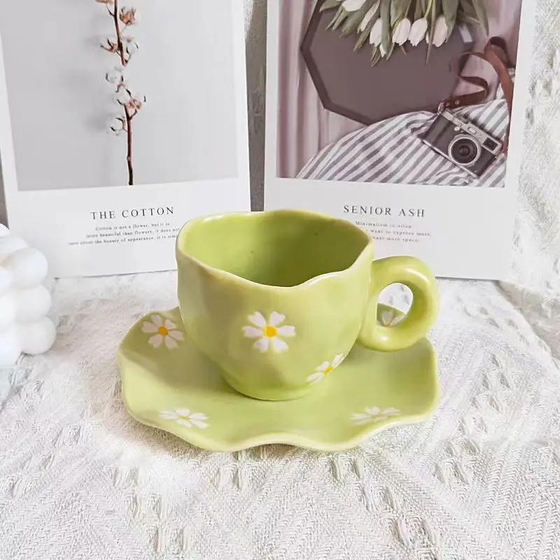 SYL INS new girl heart irregular hand-painted afternoon tea ceramic cup breakfast cup coffee cup saucer set