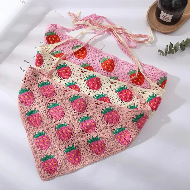 KJ INS Strawberry Crochet Hair Bandanas Red Pink White Knitted Washable Elegant Triangle Hair Scarf Hairbands