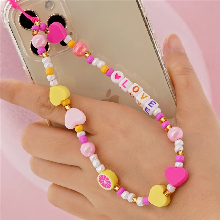 Beaded Phone Charm Strap ,Smiley Face Fruit Star Initial Pearl Rainbow Acrylic Bead Cell Phone Lanyard for Phone Key Purses
