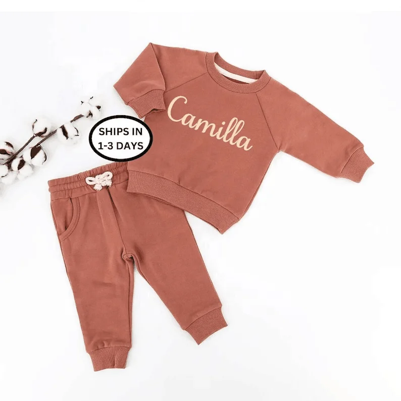 Baby Tracksuit Embroidered Name Jogger Set for Kids 2 Pieces Set Baby Gift Organic Cotton 2-Piece Baby Sweatsuit