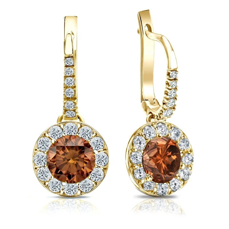Firstmadam Pure 18k Gold Dangle Studs Halo Round Diamonds Brown Sapphire Earrings 3.00 ct