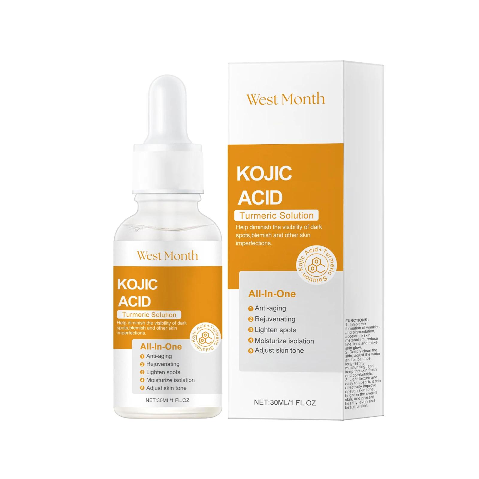 OEM ODM Turmeric Kojic Acid Face Serum Natural Skin Care Hydrating Moisturizer Whitening Kojic Acid Serum