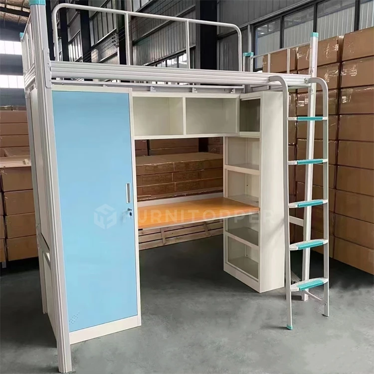 Dorm Metal Bunk Bed Full Size Steel Loft Bed with Desk and Wardrobe for Teens Adults Bedroom