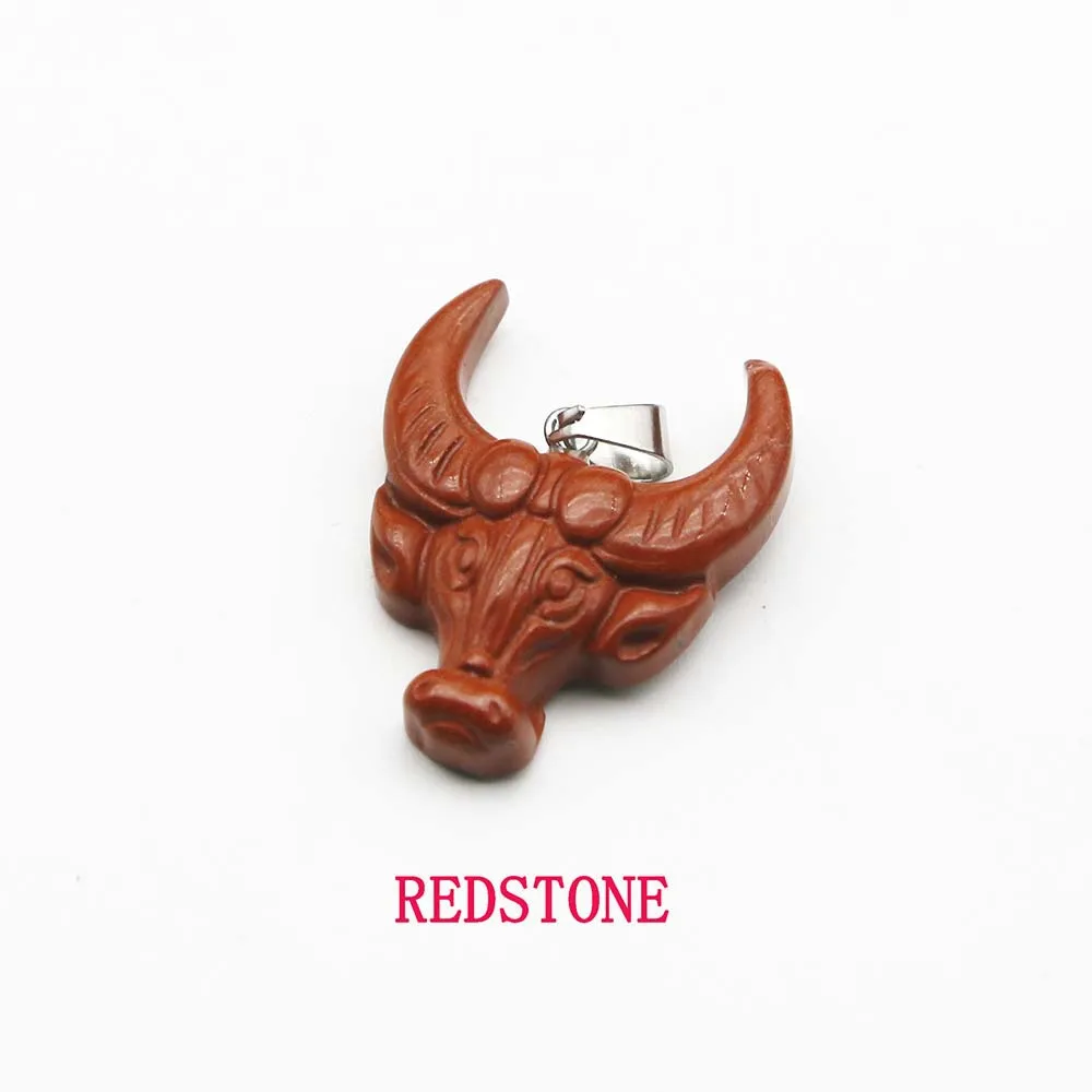 Natural stone crystal agate green yellow jade tiger eye semi-precious stone ox head animal carving pendant necklace jewelry
