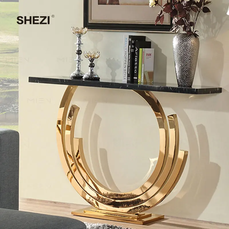 SHEZI Natural Marble Table Gold Forged Iron Frame Hallway Narrow metal Console Table For Home