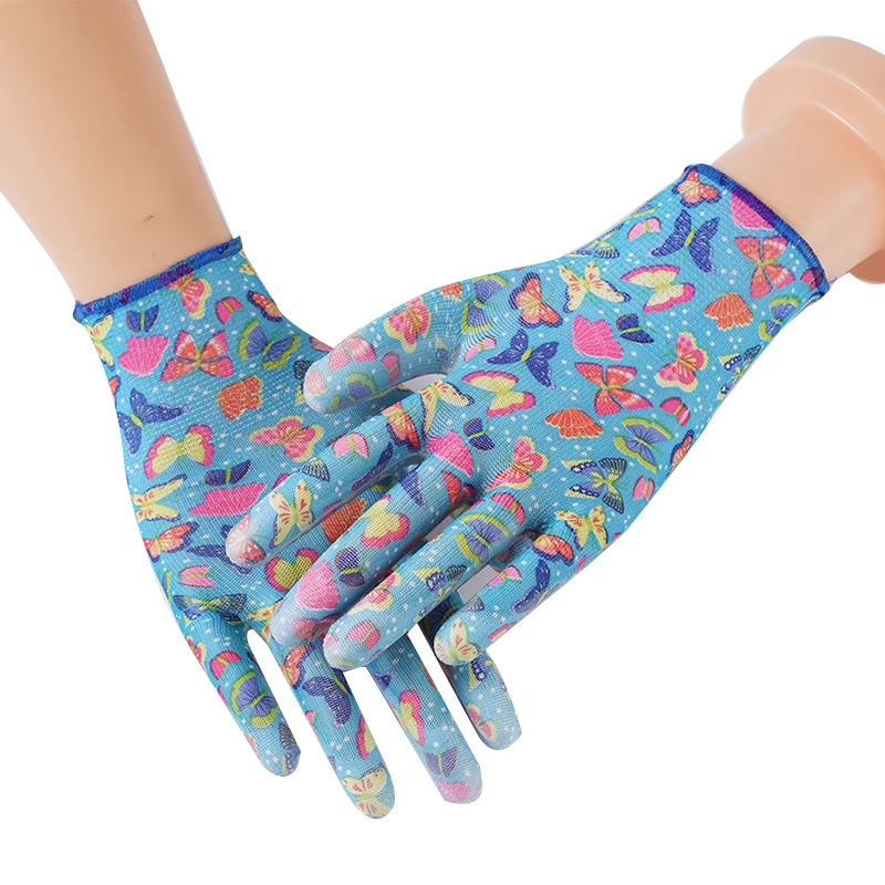 Flower Color Polyester Liner White PU Palm Coated Garden Work Gloves For Woven protective hand gloves