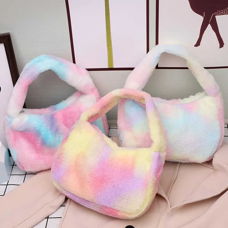 Fall Winter Luxury Cute fluffy Stylish Sweet Faux Fur Clutch Outdoor  Designer tote Trendy Rainbow Tie-dye Plush Handbag