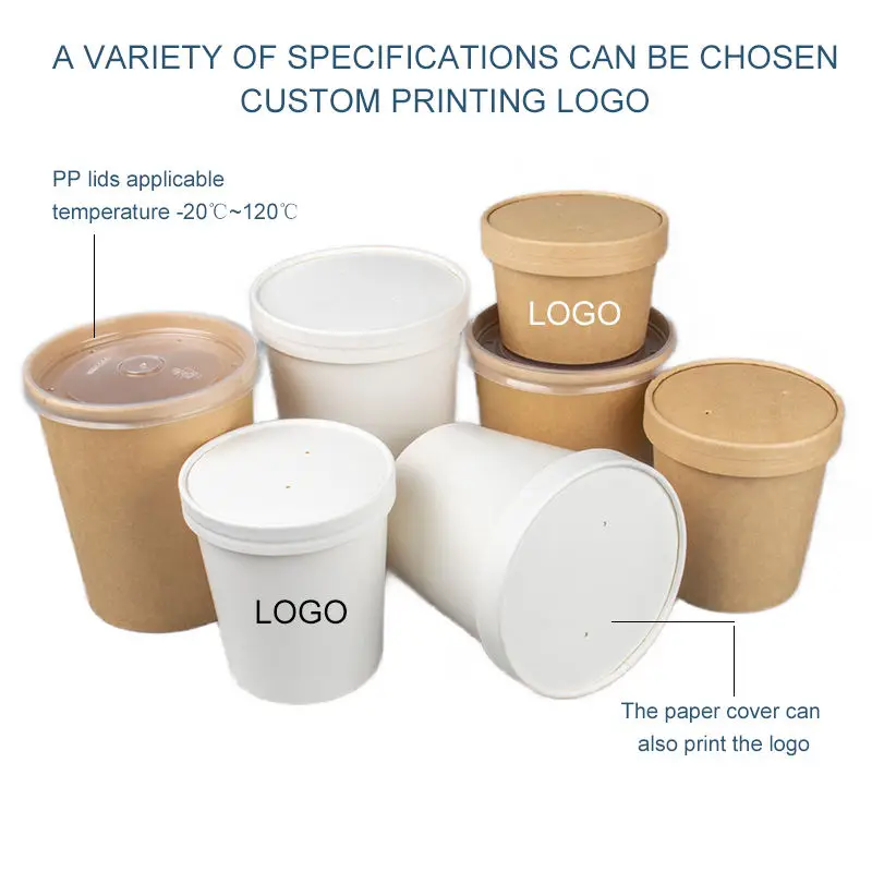 8oz 12oz 16oz 24oz Customized Single Time Use Brown White Kraft Food Packaging Container Paper Bowls Ramen Noodle Cup With Spoon