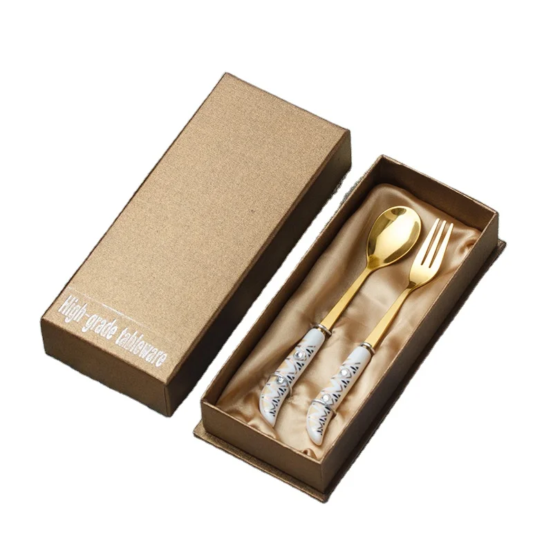 Wedding Use Ceramic Handle Knife And Fork Spoon Gold Stainless Steel Spoon  Cutlery Set with Gift Box