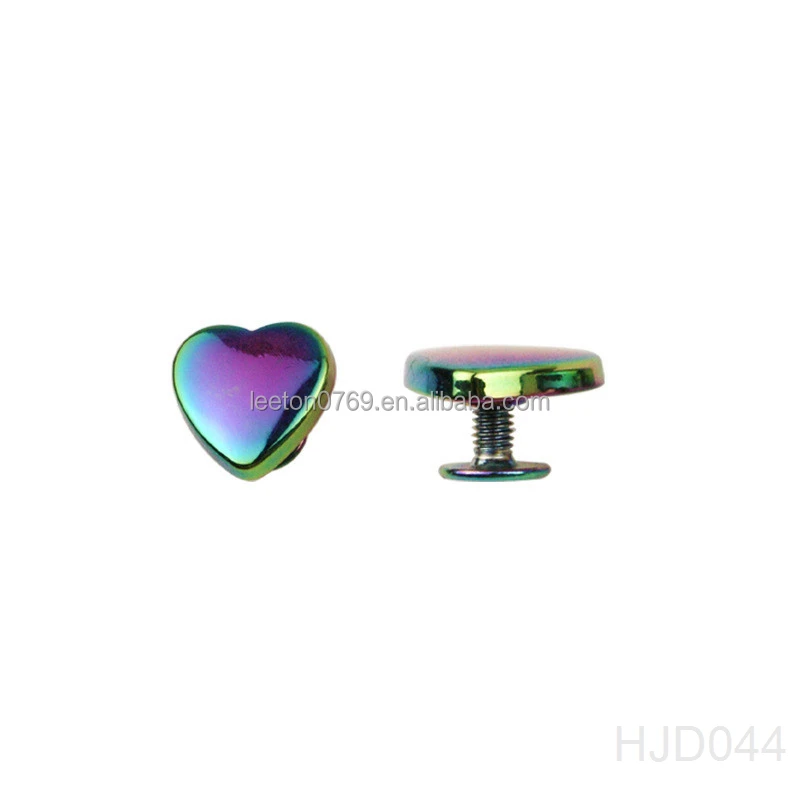 Stock supply high quality 14mm heart shaped rainbow metal bag rivets