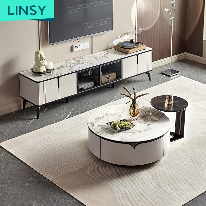 Linsy New Arrival Luxury White Marble Coffee Table And Tv Stand Stone Modern Storage Black Wooden Coffee Tables Set Ll1M