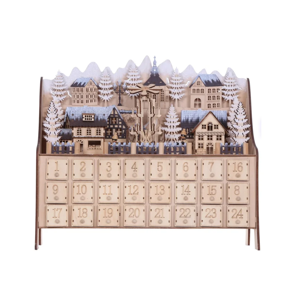Wood Calendar Gift Box with 3D Village Scenes 24 Days Christmas Advent Calendar Decoration Battery Operated