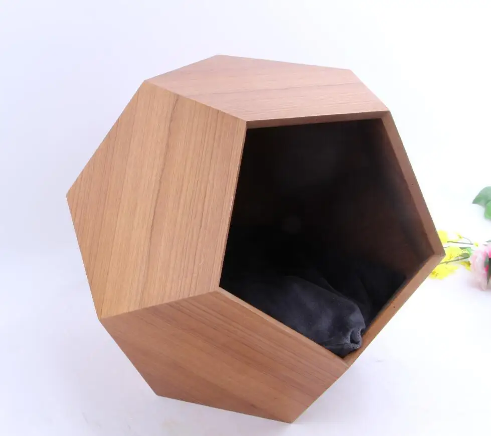 Hot Selling Natural Wood Pet Furniture Polygon Pentagon Pet Cages Small Animals Wooden Cat House Dog Cats House Bed Carrier Pets