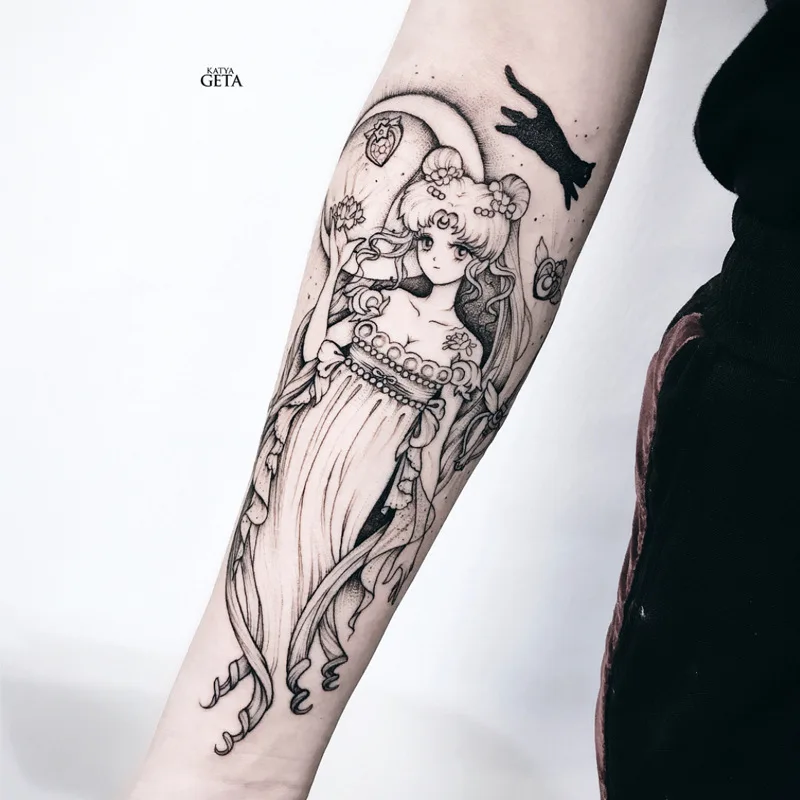 Cartoon tattoo with beautiful girl style anime flower arm tattoo stickers waterproof lasting