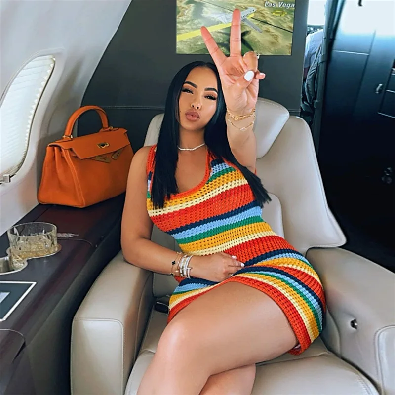 Sharee Dresses Women Sexy Fashion Rainbow Striped Sleeveless Knit Crochet Mini Dress