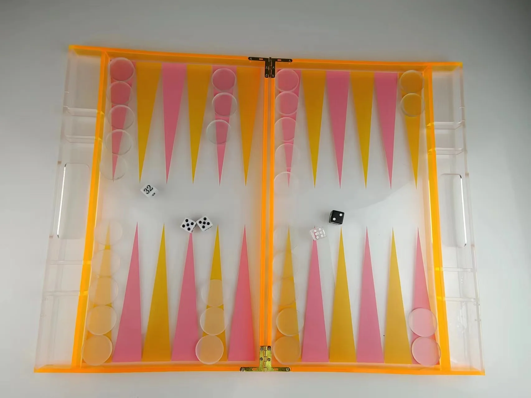 orange pink Waterproof Lucite Backgammon Set high glossy boardgame set Magnetic Closure with Handle