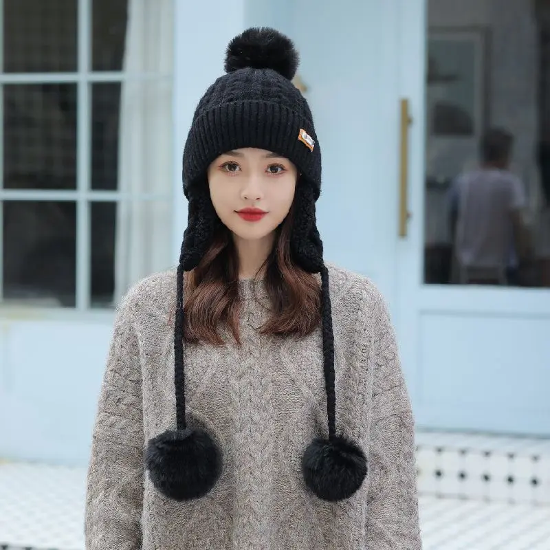 Women Six Color Warm Wool Earflap Hat Winter Outdoors Thicken Beanies Three Fur Pom Pom Knitted Hats With Leather Patch