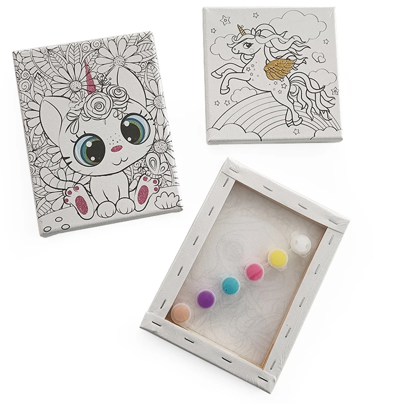 Tercel Creative Multi Design Diy Canvas Painting Kids Painting Set Kit Pre Drawn with Brush Art Kit for Kids Color Filling