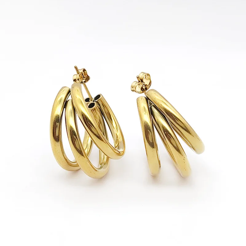 Stainless steel 18k Gold Plated Ladies Women Lightweight Dainty Three Trio Wire Large Tube Triple Hoop earrings Tarnish Free