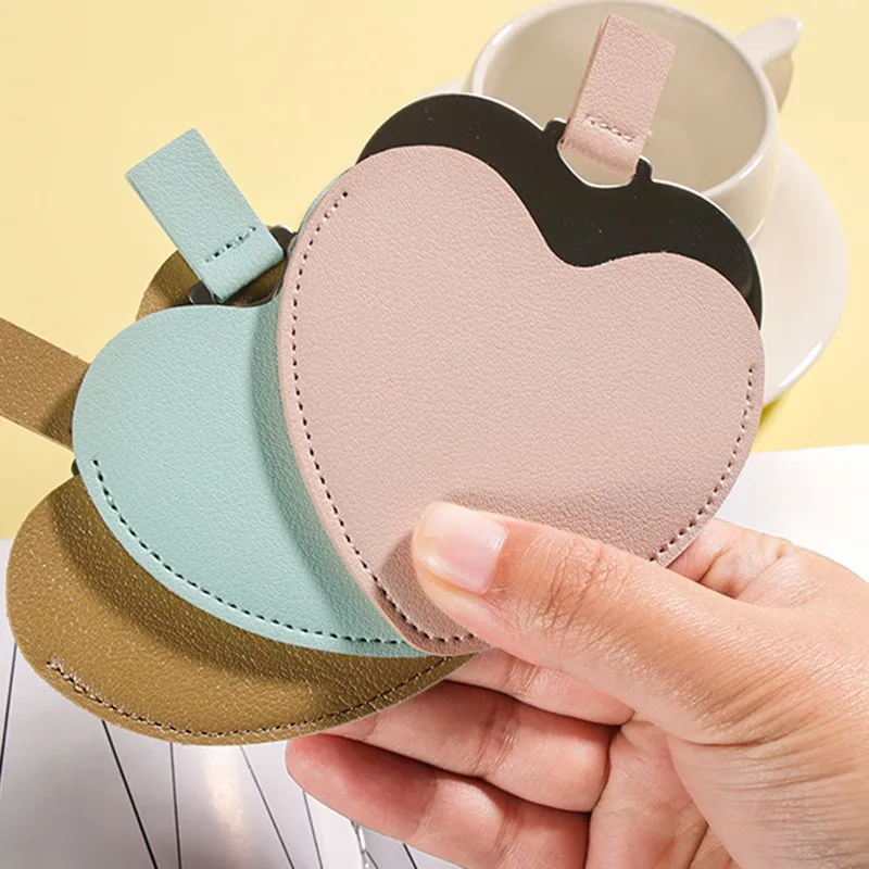 Cute Heart Shape Stainless Steel Leather Mirror For Women Girls Student Gift Portable Pocket Round Mirror