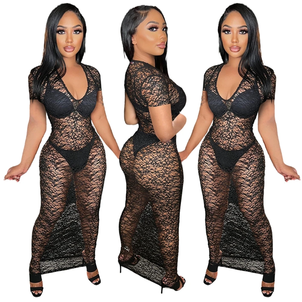 Dropshipping Solid Bodycon Cut Out Fishnet Dress Lace Dresses Women  Maxi Dress Ladies