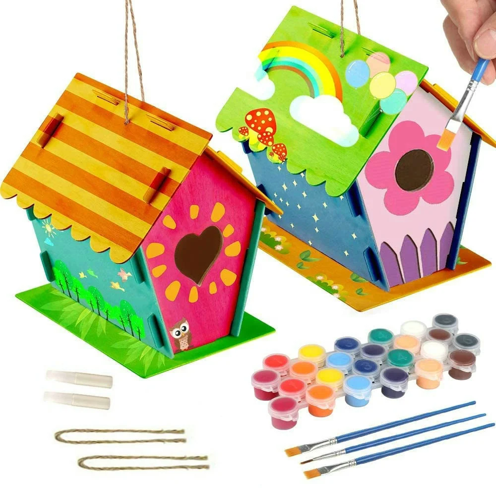 DIY Wooden Bird House Kit For Garden Decorative Custom Hanging Bird Cages With Paints For Kids Wood diy Kit Bird House