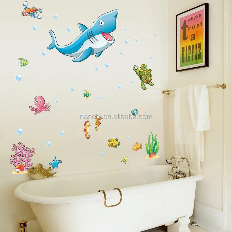 3D  Cartoon Shark wallpapers Underwater World stickers kindergarten kids wall mural kid room wallpaper murals decoration sticker