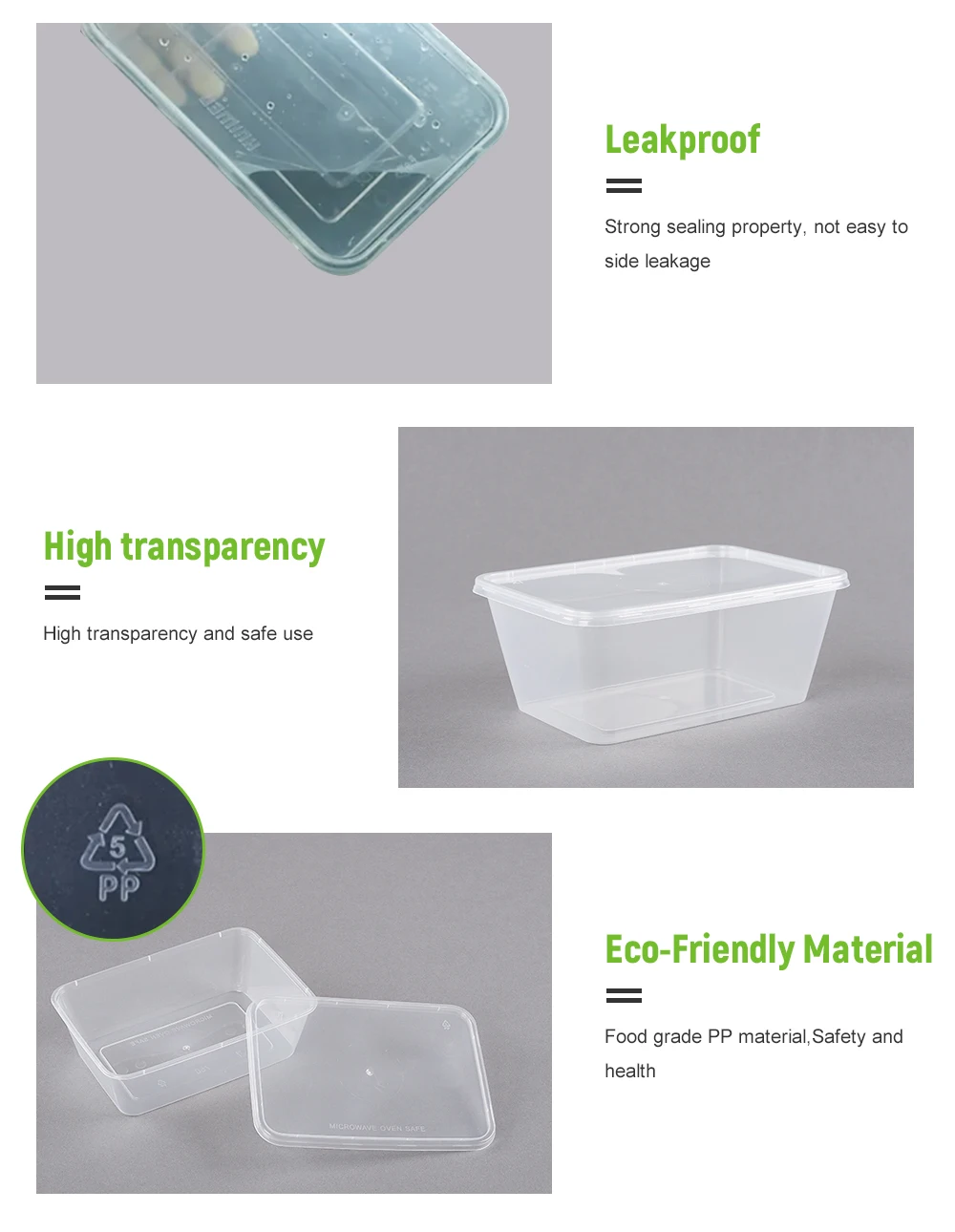 Custom 750ml microwavable fast food takeaway box disposable clear plastic rectangle meal box take away bento food container