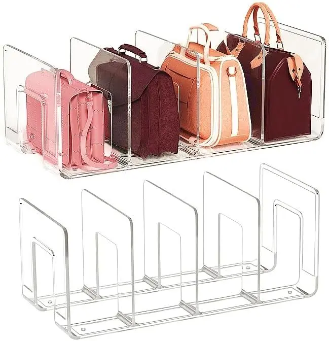 Clear Plastic Closet Organizer for Purse and Handbag Desk File Sorter with 4 Storage Shelves and Dividers Display Rack
