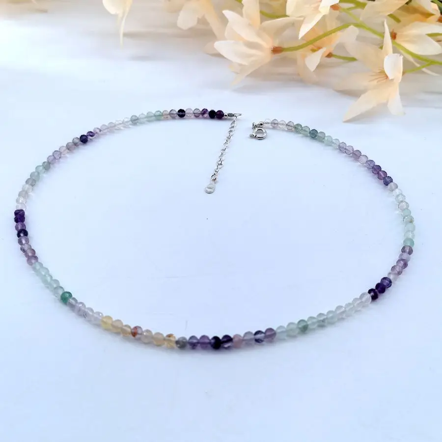 Fashion Natural Stone Round Faceted Beads Necklace 925 Sterling Silver Handmade Gemstone Crystal Fine Jewelry Elegant Necklace