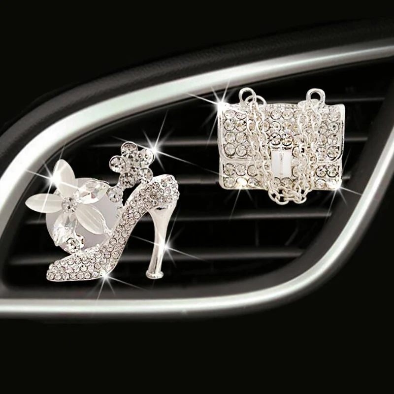 Crystal Bling Rhinestone Girls Purse High Heels Shoe Car Vent Clip Perfume Diffuser Car Air Freshener