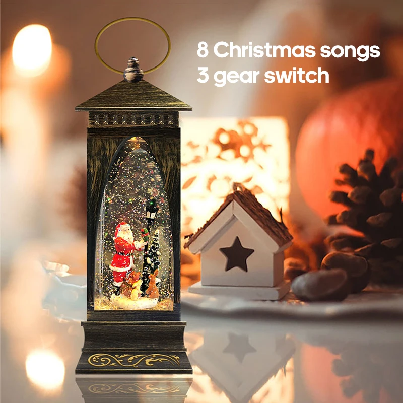 Hot Sale Metal Snow Globe Light Music Battery Operated Christmas Snowing Lamp Lantern For Gift