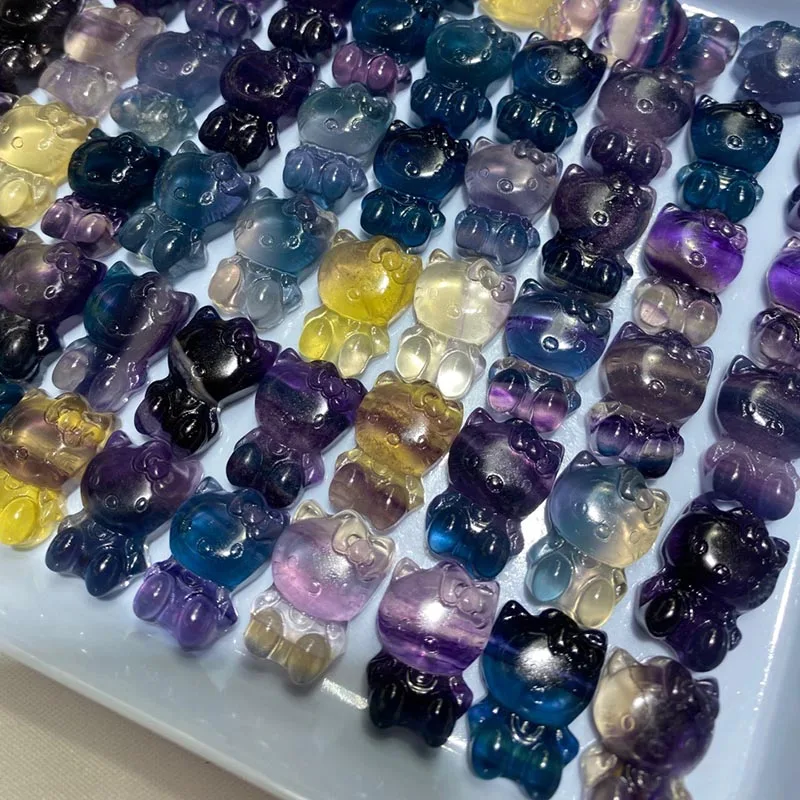 Оптовая продажа натуральный камень Хрустальный флюорит резьба кот драгоценный поделки украшения ручной работы удачи декоративный аксессуар