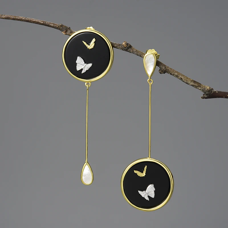 Женские асимметричные серьги подвески Lotus Fun длинные серьги из серебра 925 пробы с натуральным агатом и летающей бабочкой ювелирные