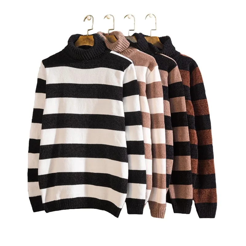 High Collar Sweater women Trend Striped Youth Autumn And Winter Warm Plush thickened Sweater