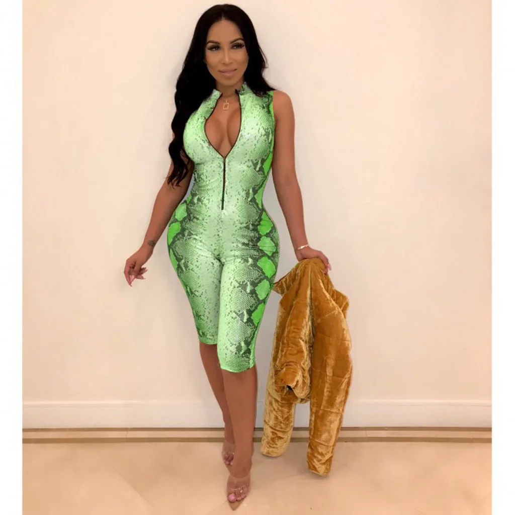 Hot Trendy  high quality Snake Print Romper Knee Length V Neck zipper front Stretchy women sexy bodycon jumpsuits and rompers