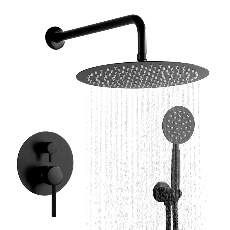 black color brass in-wall bathroom hidden concealed rainfall round bathroom shower set