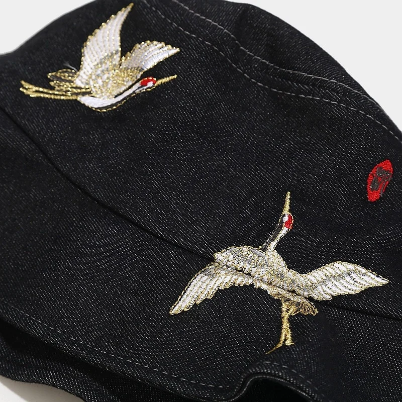 New Fashion Chinese Style Red-crowned Crane Embroidery Denim Sunscreen Bucket Hats And Caps for Men and Women
