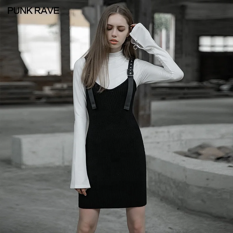 PUNK RAVE OPQ-451 Wool Sling Dress Black Gothic Dress Women Summer Sexy Strap Knitted Dress