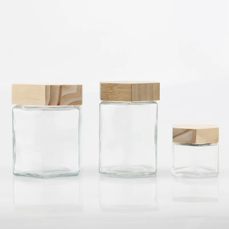 New hexagon glass honey jar with wooden cover and stick
