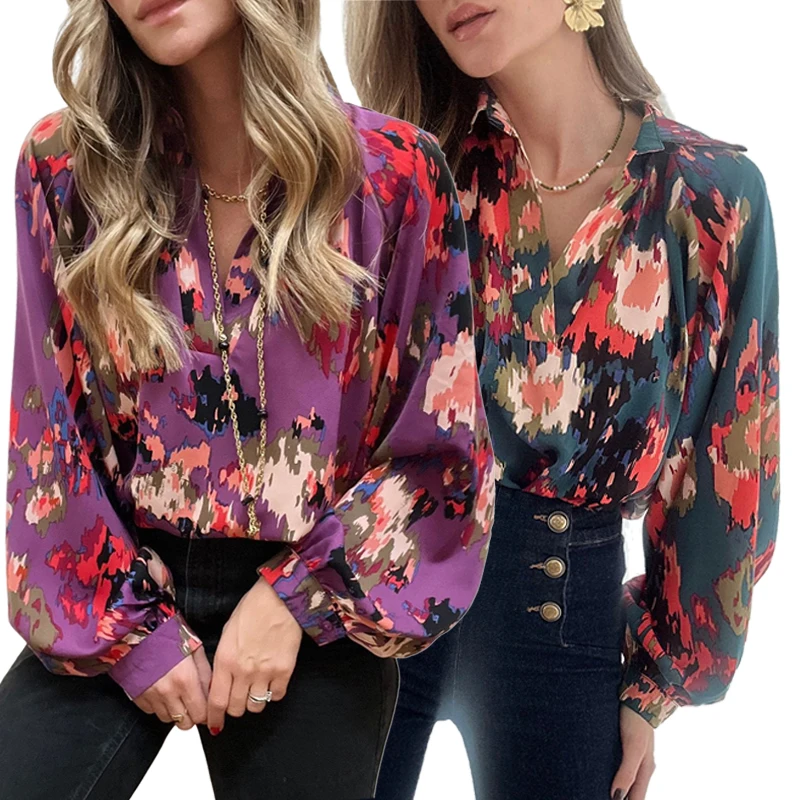 Wholesale Fashion Casual Print Shirts Blouses Women Long Sleeve Tops Shirts For Women
