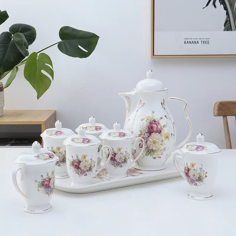 European 8 pcs Royal Luxury Coffee Set Flower Water Cup Teapot Vintage Kettle Party Wedding Gift Coffee & Tea Set