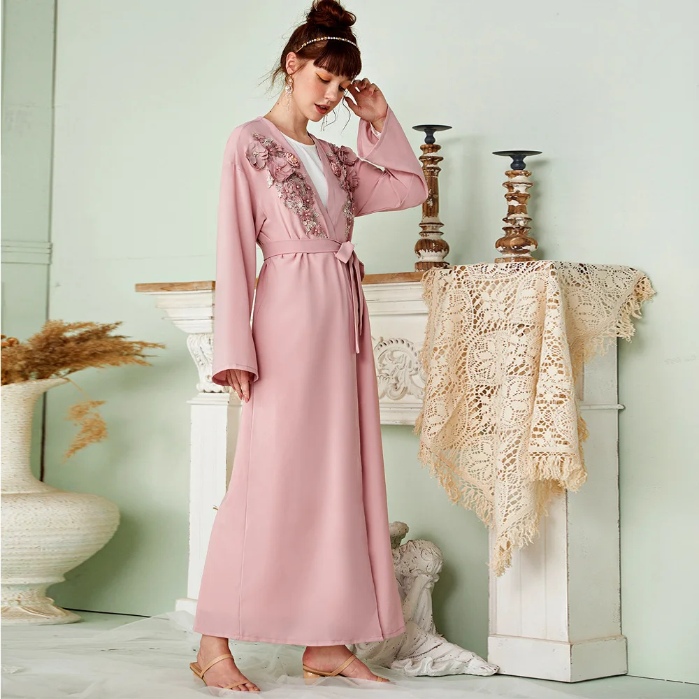 Mid East New Design Diamond Open Kimono Abaya For Muslim Girls Caftan Belt Long Sleeve Handmade 3d Floral Maxi Islamic Abaya