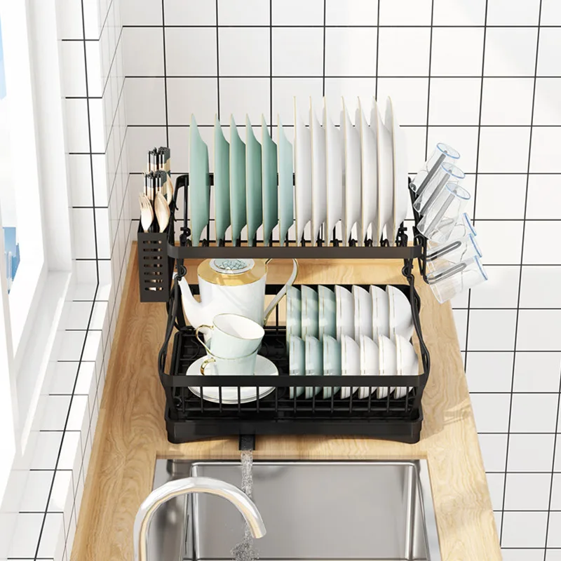 2 tier dish drying rack for kitchen counter metal dish drainers rack with drainboard large dish dryer with utensil holder