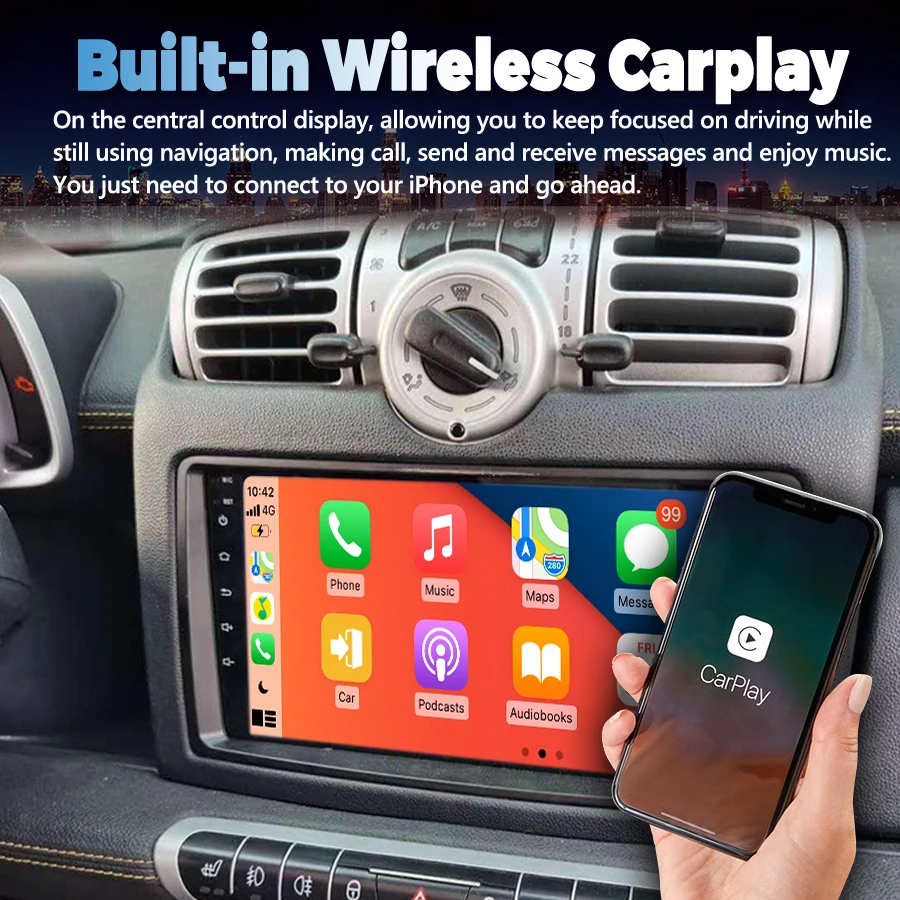 128GB Android 14 AI Voice CarPlay Автомагнитола стерео для Benz Smart Fortwo W451 2006-2009 GPS Navi мультимедийный видеоплеер Авто HU