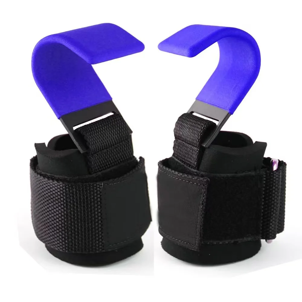 Lifting Hooks With Thick Padded Adjustable Neoprene Wrist Wrap Support. Non-slip Heavy Duty Coated Steel Power Weight Lifting
