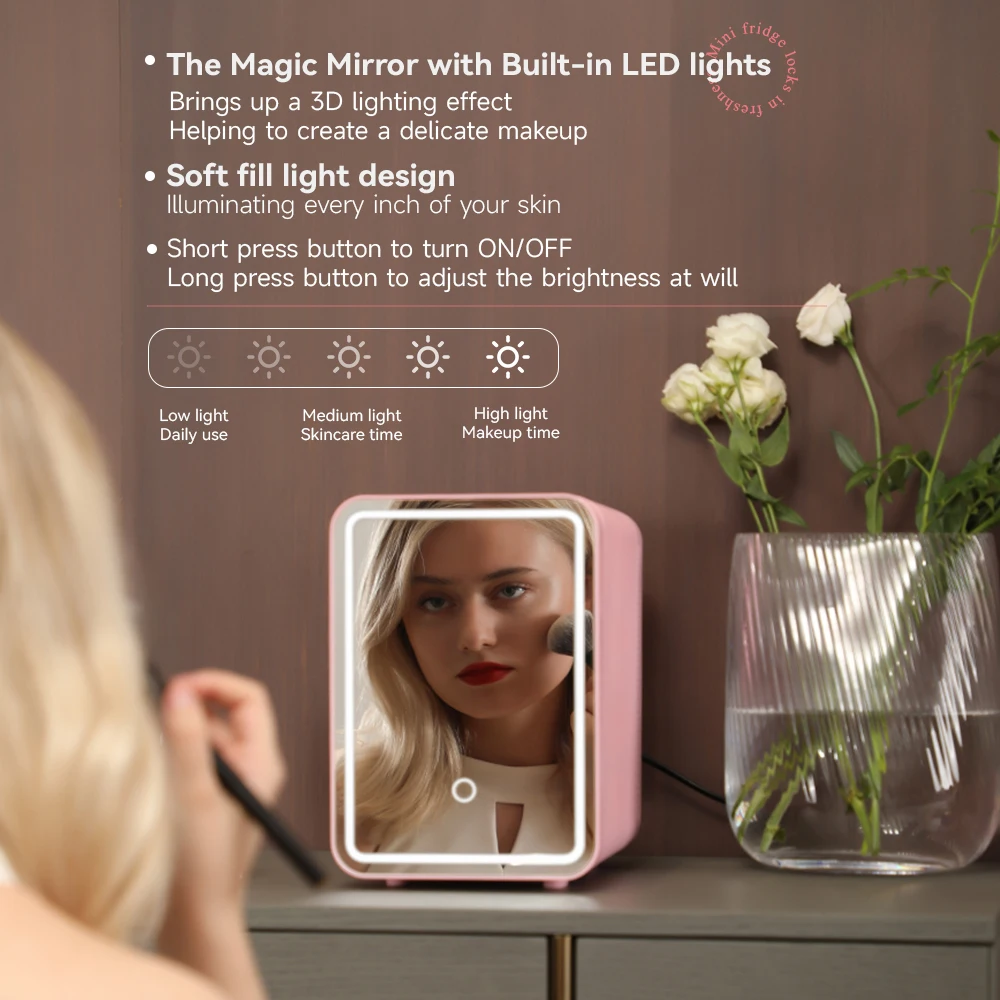 Mini Fridge Led Lighted Mirror Glass Cool and Warm Portable 4l for Bedroom Office Home